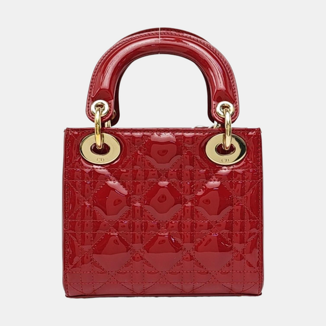 Lady Dior Mini 2021 Red Burgundy Patent Leather Gold Hardware Suede Interior Chain Strap
