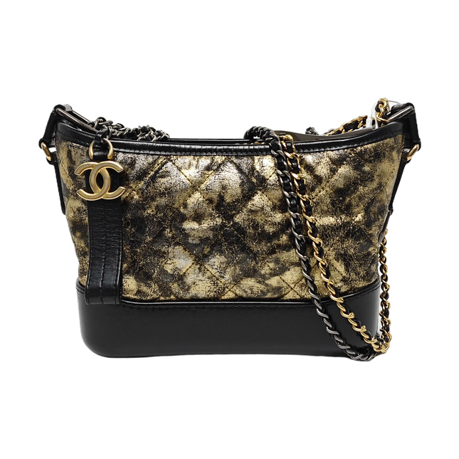 Chanel Gabrielle Small Metallic Crumpled Goatskin Quilted Black and Gold Bag-Luxbags
