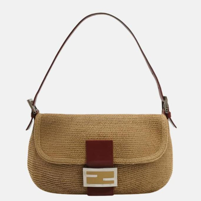 Fendi Mamma Baguette Raffia Straw Shoulder Bag Red Leather Strap-Luxbags