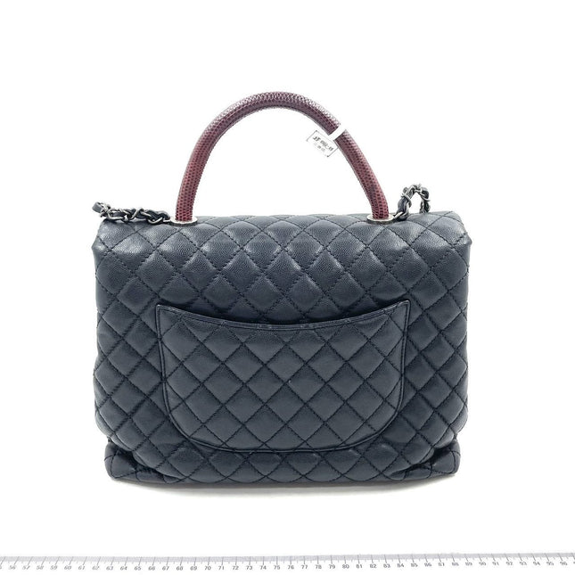 Chanel Coco Handle Maxi Black Caviar Leather Burgundy Lizard Handle Silver Hardware 32cm