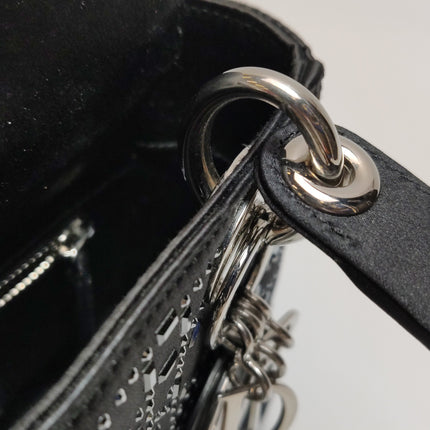 Lady Dior Mini Black Silk with Crystals Silver Hardware
