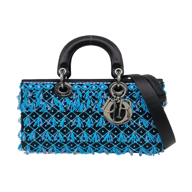 Lady D-Joy Medium Bag Exceptional Piece Black Silk Satin Turquoise Beaded Tassel-Luxbags