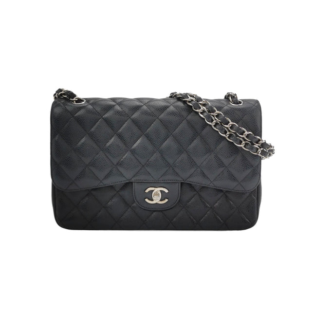 Chanel Classic Flap Jumbo Black Caviar Leather Double Flap Silver Hardware-Luxbags