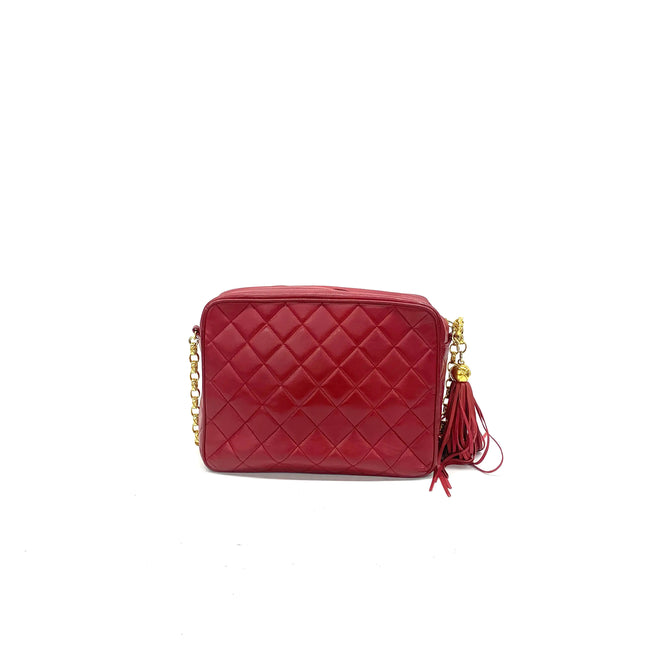 Chanel Vintage Camera Bag Red Lambskin Leather Gold Bajou Chain