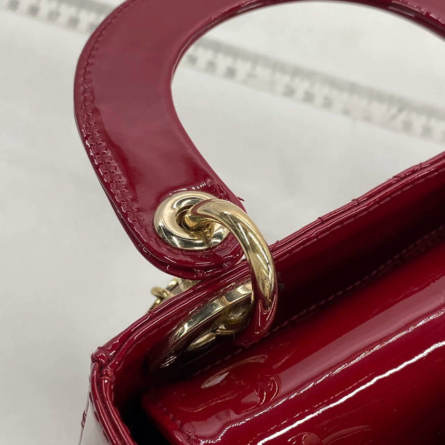 Lady Dior Mini Handbag Burgundy Red Patent Leather Gold-tone Chain Strap