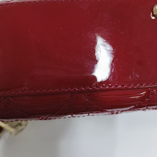 Lady Dior Mini Handbag Burgundy Red Patent Leather Gold-tone Chain Strap