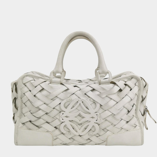 Loewe Amazona 36 in White Intrecciato Woven Calfskin Leather Handbag-Luxbags