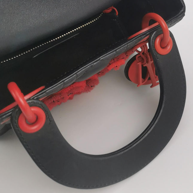Lady Dior Mini Black Lambskin Leather Red Tulle Ruffle Heart Silver Hardware 2019
