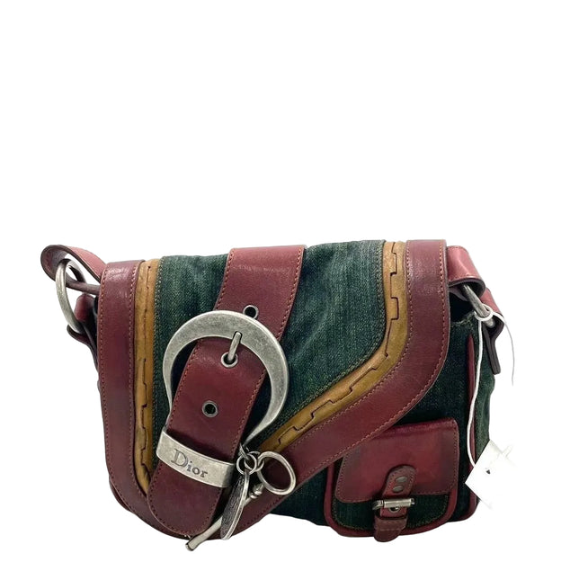 Dior Vintage Gaucho Mini Green Denim Burgundy Leather Crossbody Bag 2006-Luxbags