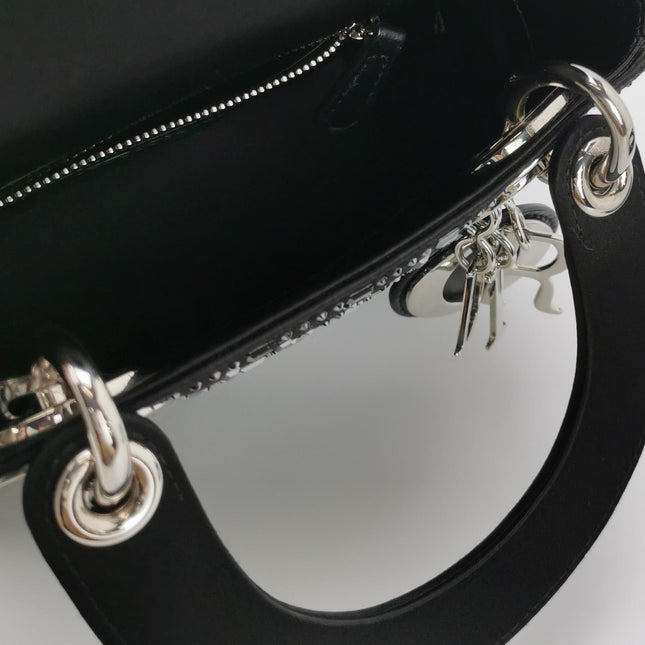 Lady Dior Mini Black Silk with Crystals Silver Hardware