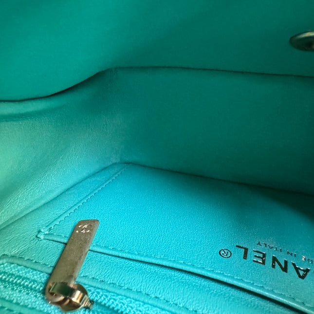 Chanel Classic Flap Mini 2018 Turquoise Blue Green Lambskin Leather Gold Hardware