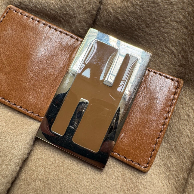 Fendi Mamma Baguette Beige Felt Fabric Silver Hardware Shoulder Bag