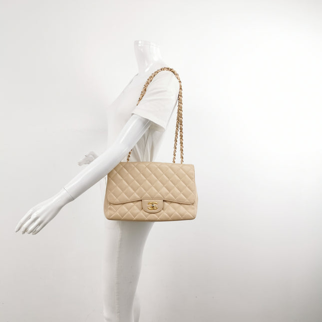 Chanel Classic Flap Jumbo Beige Caviar Leather Single Flap Silver Hardware