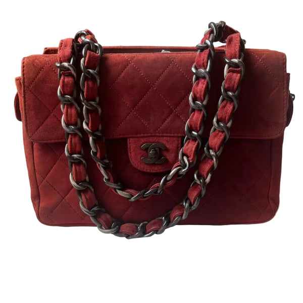 Chanel Vintage Shoulder Bag Burgundy Suede Leather Gunmetal Hardware 2000-02-Luxbags