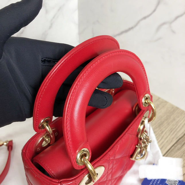 Sold Lady Dior Red Mini handbag Cannage Leather with strap