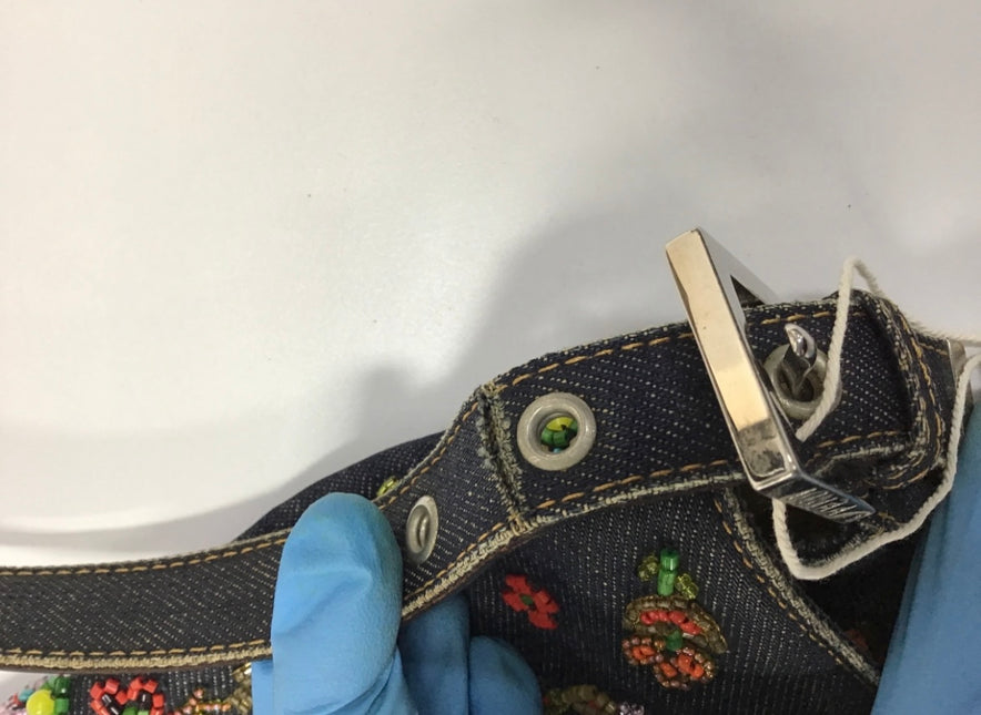 Sold FENDI Baguette Blue Denim with beaded Flower Embroidery