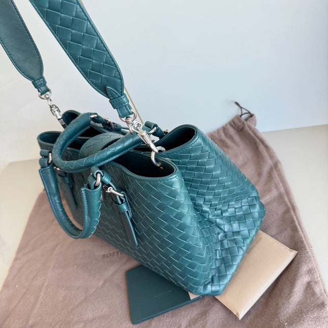 Bottega Veneta Roma Intrecciato Nappa Leather Peacock Green With Strap Small 30cm