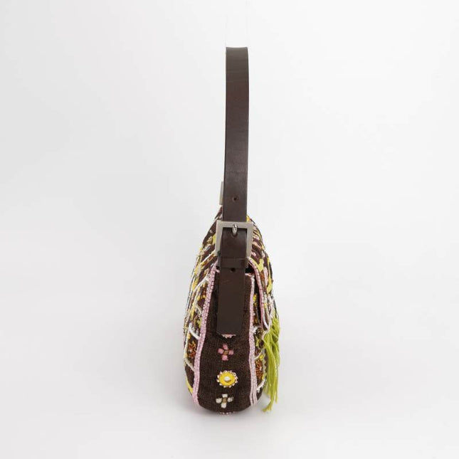 Fendi Baguette Vintage Brown Canvas with embroidery sequins mirrors and tassels