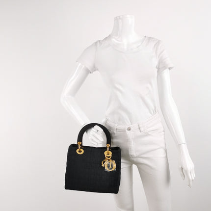 Lady Dior Vintage Medium Black Cloth with Yellow Gold-tone Hardware