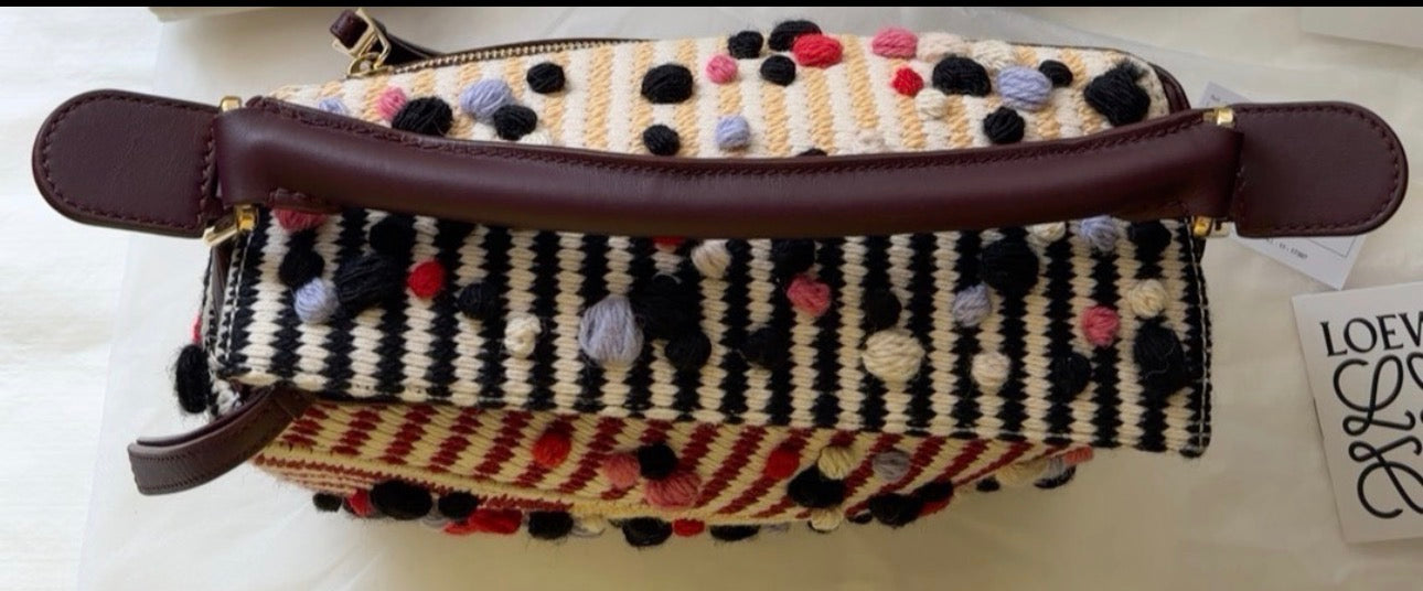 Loewe x Albers Puzzle Small Multicolor Woven Wool and Leather with Pompoms Crossbody Bag