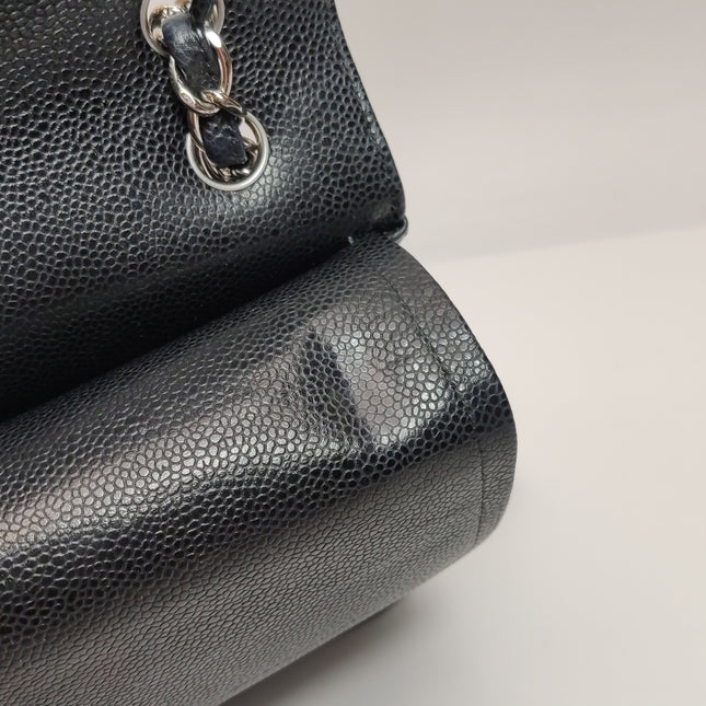 Chanel Classic Flap Jumbo Black Caviar Leather Double Flap Silver Hardware