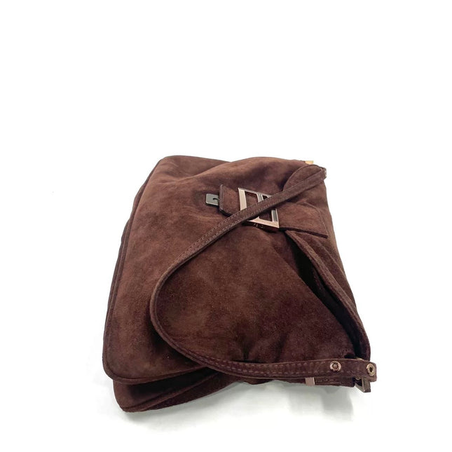 Fendi Baguette Large Dark Brown Suede Leather Shoulder Bag