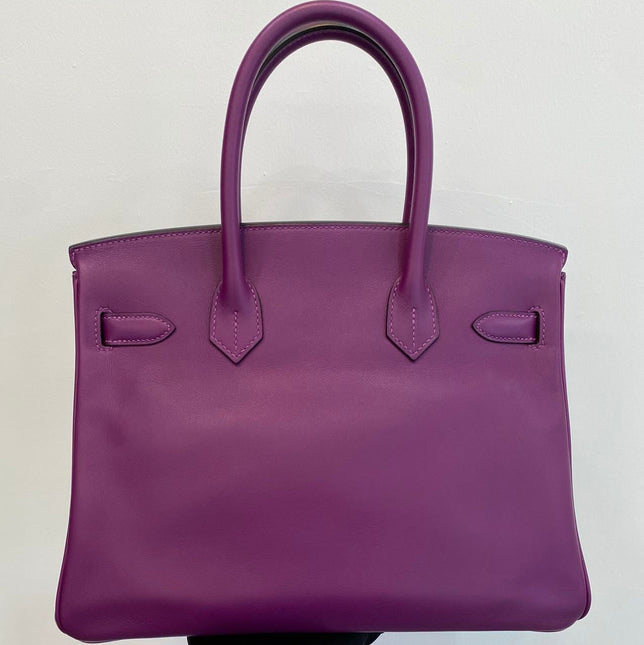 Hermes Birkin 30 HSS Special Order Anemone Purple Swift Leather Mango Yellow Interior GHW, 2017