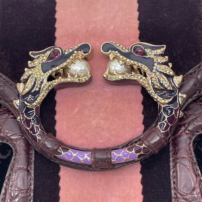 Gucci Jeweled Dragon Bag Purple Crocodile and GG Velvet Bamboo Chain Strap Shoulder Bag