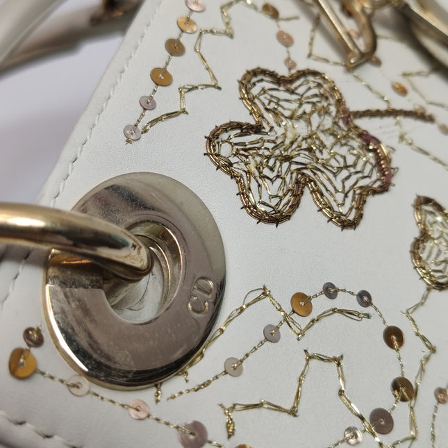 Lady Dior Mini 2018 Embroidered White Calfskin Leather Gold Beads Crossbody Bag