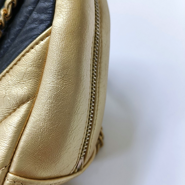 Chanel Camera Bag Chevron Stitching Black Gold Lambskin Leather Double Gold Chain, 2014