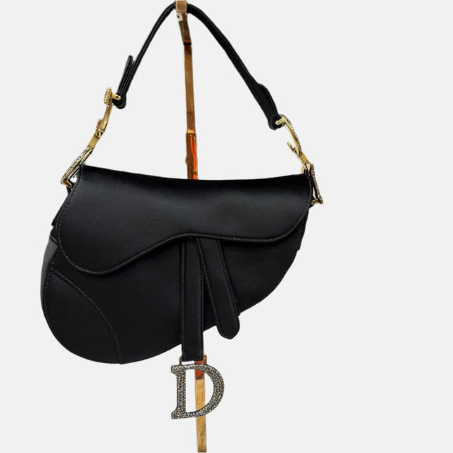 Dior Saddle Mini Silk Handbag Black with crystals