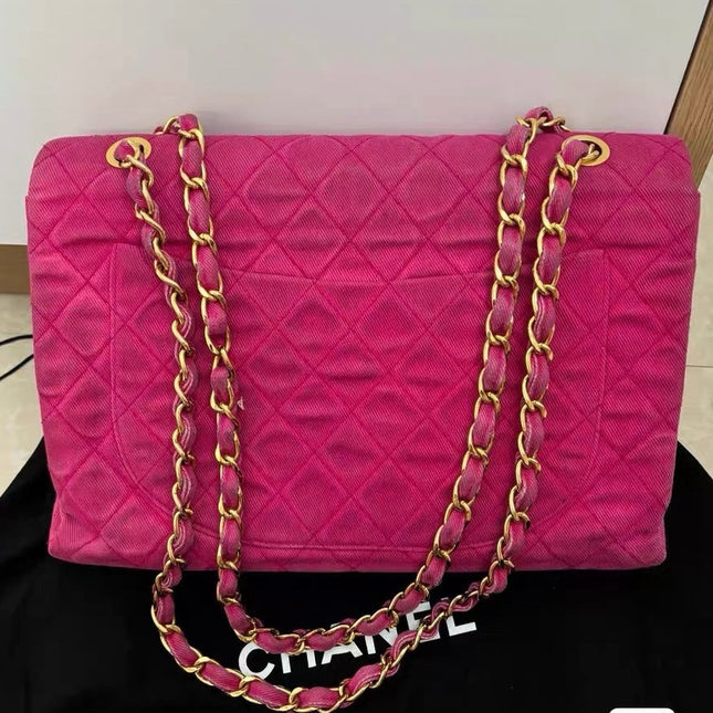 Chanel RARE Vintage Classic Maxi 34 Flap Hot Pink Denim Giant CC 24 Gold Hardware