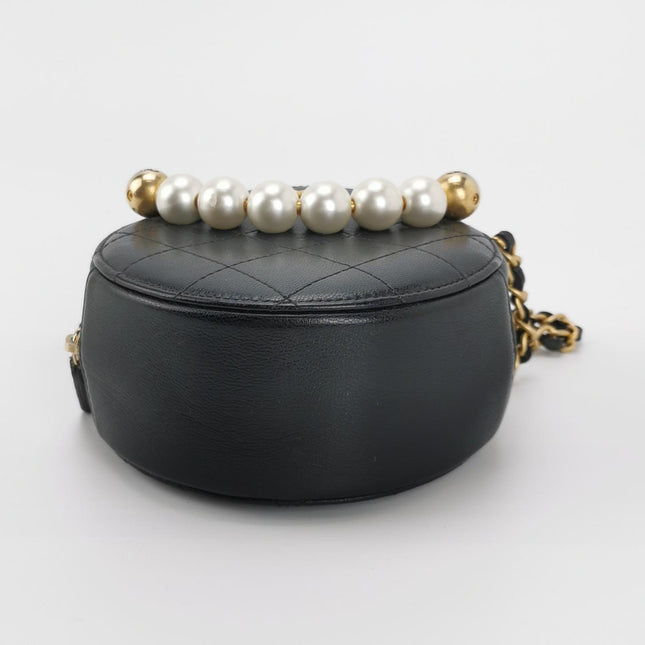Chanel Round Black Lambskin Leather Crossbody Bag with Matelasse Chain and Pearls