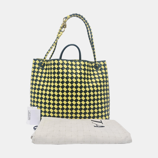 Bottega Veneta Andiamo Large Yellow and Green Checkered Intrecciato Leather Handbag