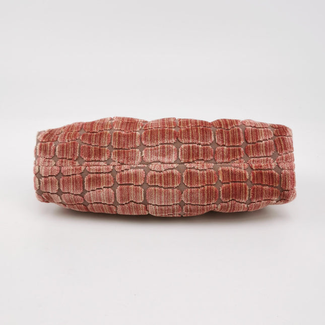 Gucci Crocodile-Pattern Pink Velvet Jacquard Medium Handbag Crystal Ribbon Chain Strap