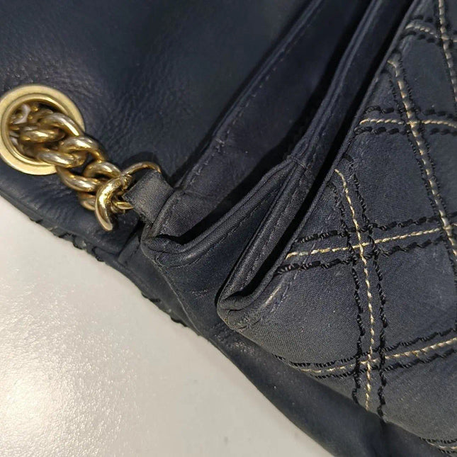 Sold Chanel Classic Flap 2014 Medium Navy Fabric Diamond Quilting Crossbody Bag