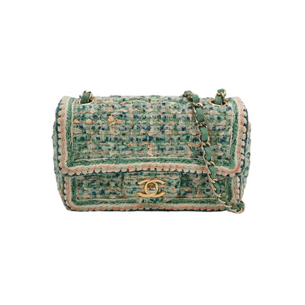 Chanel Classic Flap Mini Rectangular Tweed Green Multicolor Gold Hardware 2018-19-Luxbags