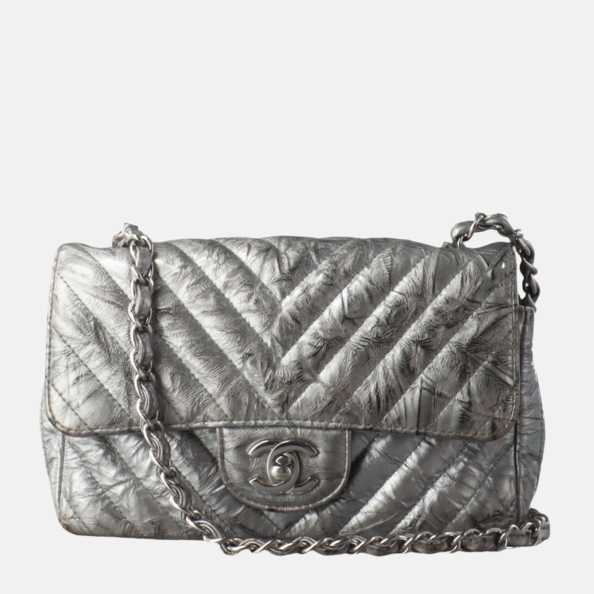 Chanel Classic Flap Mini Rectangular Patent Metallic Crumpled Calfskin Chevron Quilted Silver-Luxbags