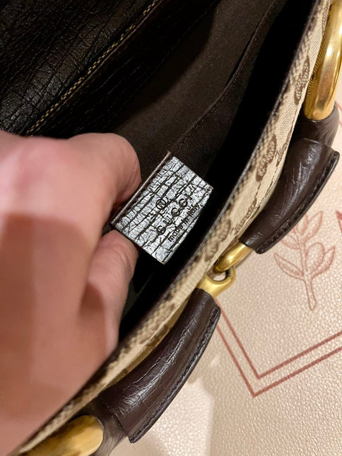Sold Gucci Horsebit 1955 Large Cloth Beige Monogram Brown Leather Shoulder bag