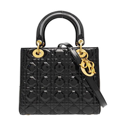 Sac à main Lady Dior moyen en cuir verni noir avec quincaillerie dorée vendu