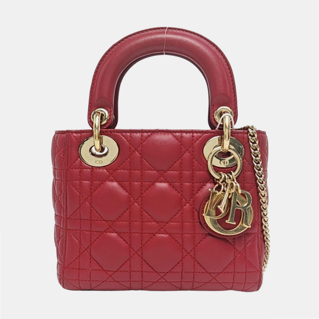 Lady Dior Mini Red Lambskin Leather Gold HW Chain Strap