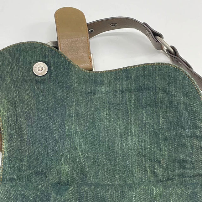 Dior Vintage Gaucho Large Green Denim Brown Leather Crossbody Bag