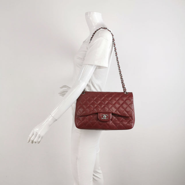 Chanel Classic Flap Jumbo Dark Red Caviar Leather Double Flap Silver Hardware