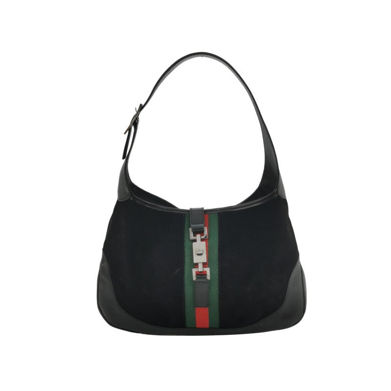 Gucci Jackie Vintage Medium Black Leather Suede Green Web Shoulder Bag-Luxbags