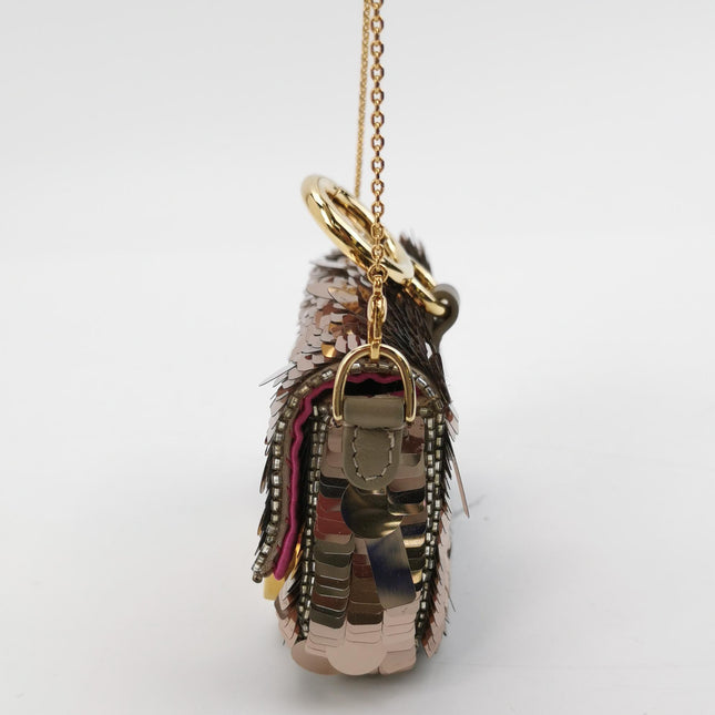 Fendi Nano Baguette Charm Pink Sequins Satin Interior Chain Strap