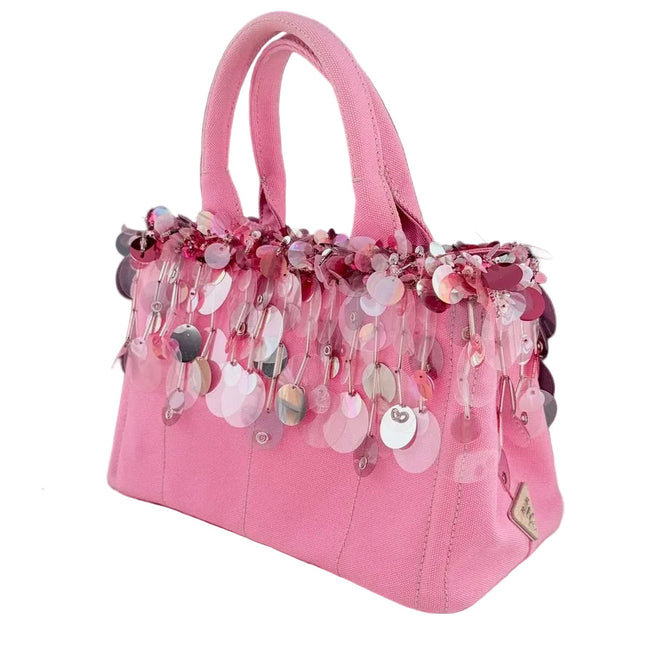 Prada Canape Small Pink Canvas with Sequins Top Handle Bag with Strap Rare-Luxbags