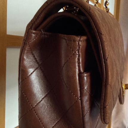 Chanel Classic Flap Rare Vintage Medium Brown Lambskin Leather 24k Gold Hardware 1989-1991
