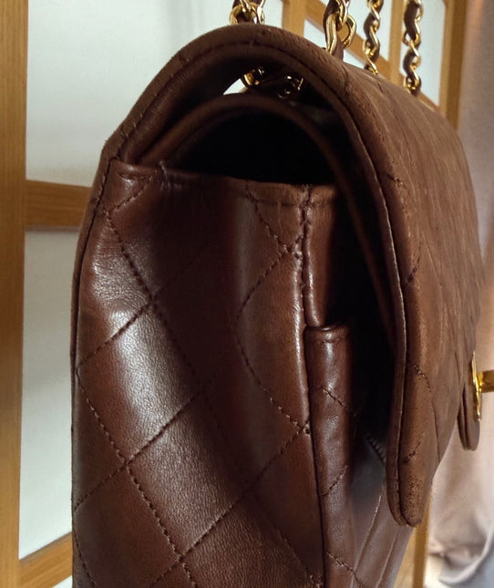 Chanel Classic Flap Rare Vintage Medium Brown Lambskin Leather 24k Gold Hardware 1989-1991