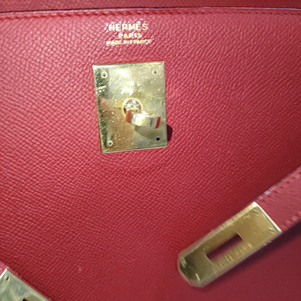 Hermes Kelly 32 Sellier Red Epsom Leather Gold HW Circle S Stamp 1989