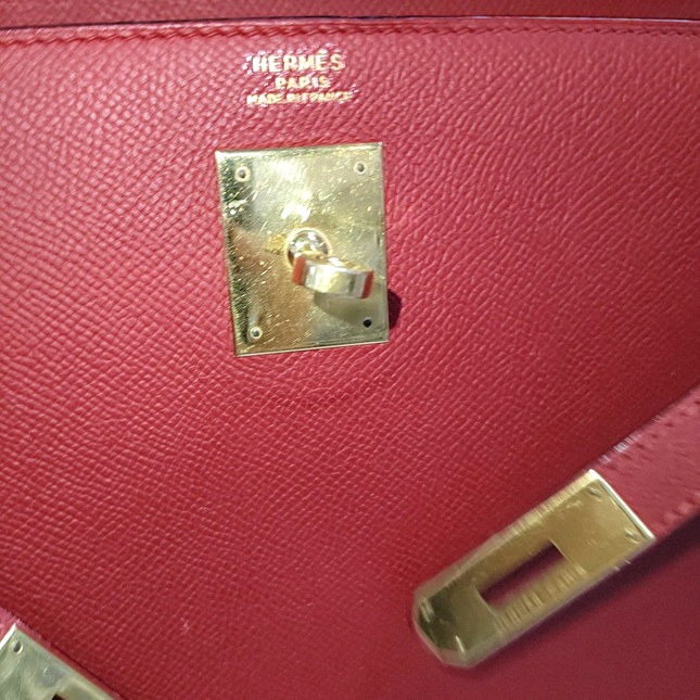 Hermes Kelly 32 Sellier Red Epsom Leather Gold HW Circle S Stamp 1989